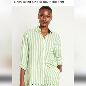 NWT Old Navy Linen Blend Striped Boyfriend Shirt, white and green, size S